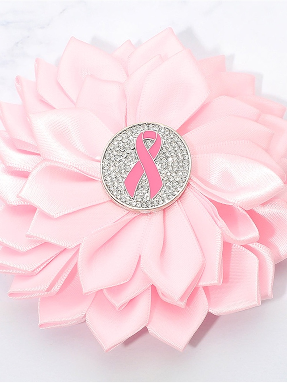 Pink Ribbon Satin Flower Brooch - Support Awareness Accessory